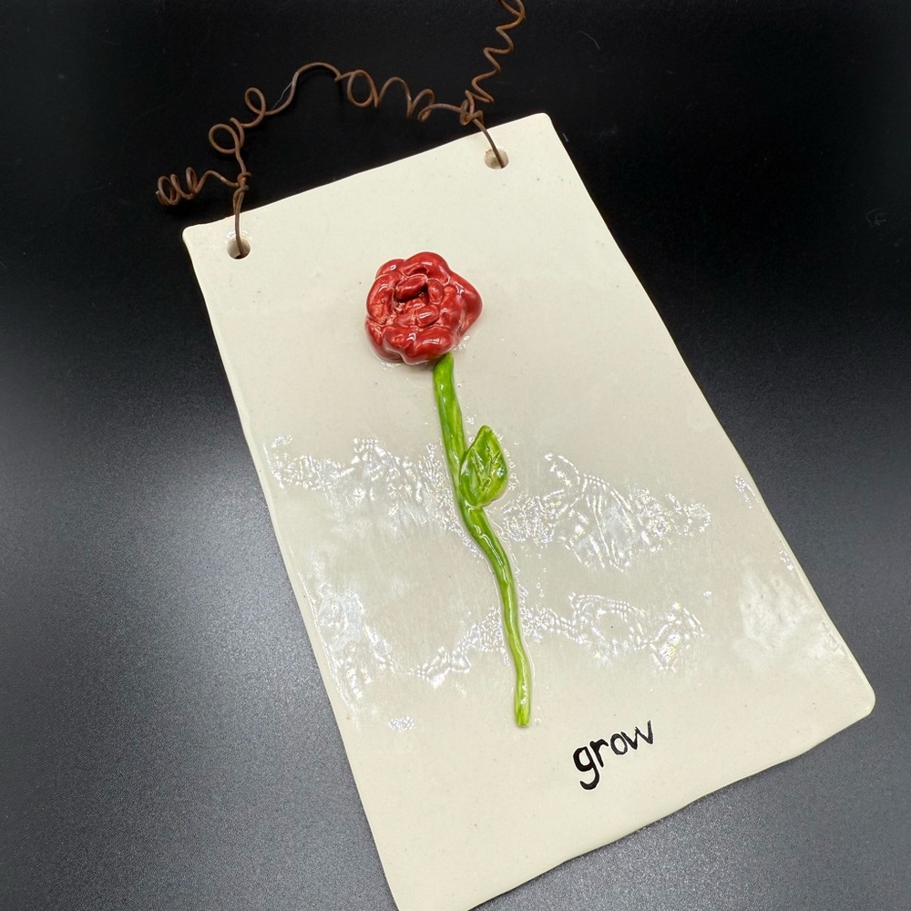 Ceramic Wall Hanging Grow with 3D Red Flower Signed CP